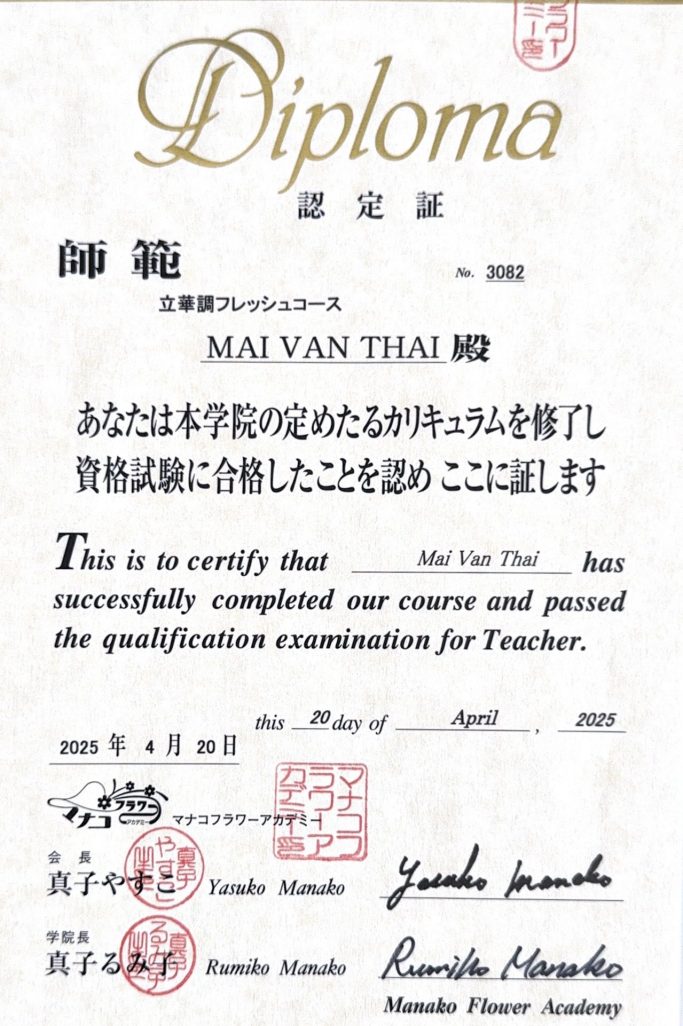 Manako Teacher - Avril 2025 Diplôme Manako Teacher Qualification Tokyo 2025