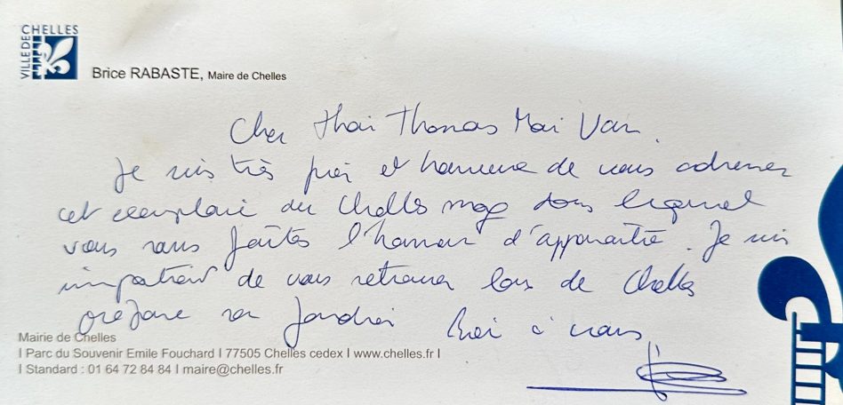 Reconnaissance Maire Chelles Brice Rabaste MAI VAN Thai Thomas Lettre manuscrite Maire Chelles Brice Rabaste MAI VAN Thai Thomas